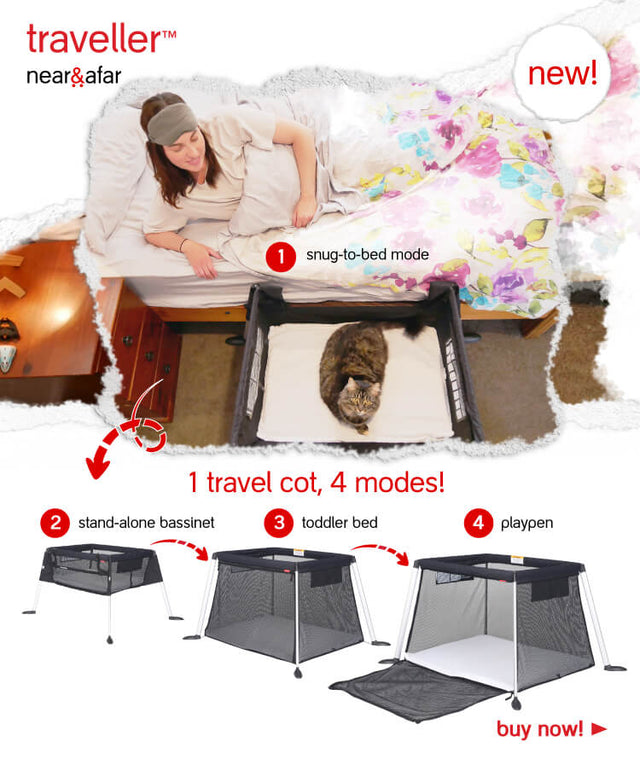 Mum in bed gazing at resting baby in traveller 4-in-1 bassinet, toddler bed, playpen, porta-cot - near and far - 1 travel cot, 4 modes - philandteds.com