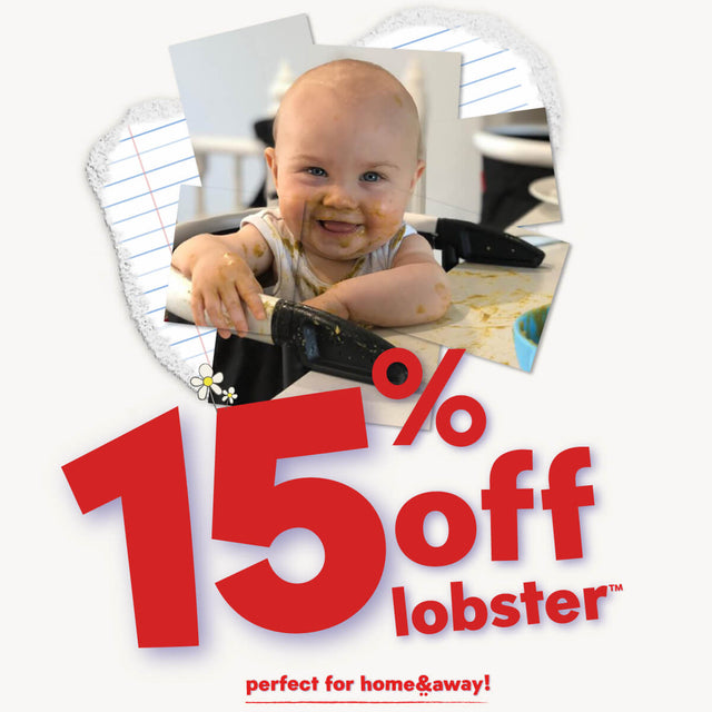 Happy toddler sitting in highchair attached to kitchen table - get 15% off lobster™ portable highchair