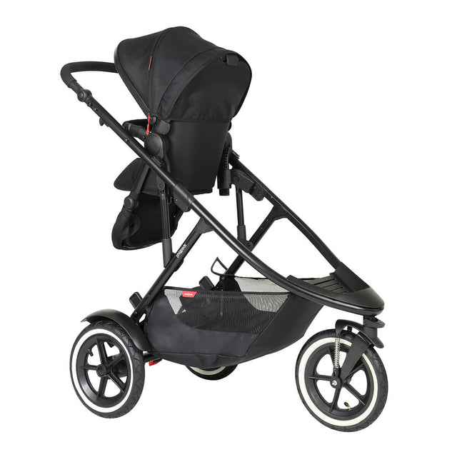 phil&teds sport verso inline buggy parent facing up close toddler mode with sun hood extended halfway - 3/4 front view_butterscotch