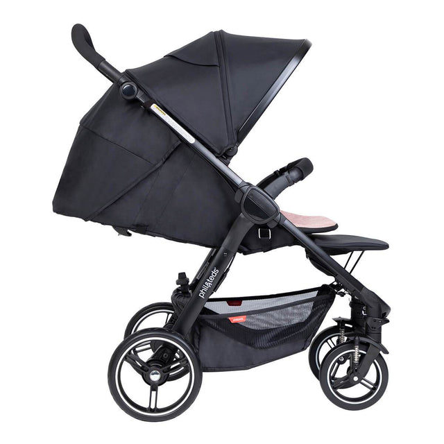 phil&teds compact smart buggy with blush liner in fully reclined position side view_blush