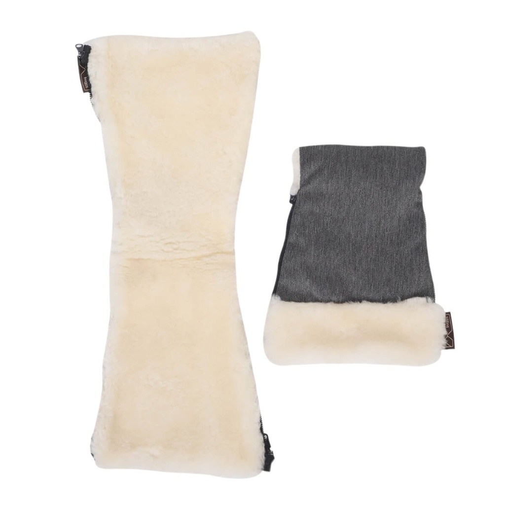 Mountain Buggy lambswool luxury hand muff in herringbone on plain white background with one hand muff open