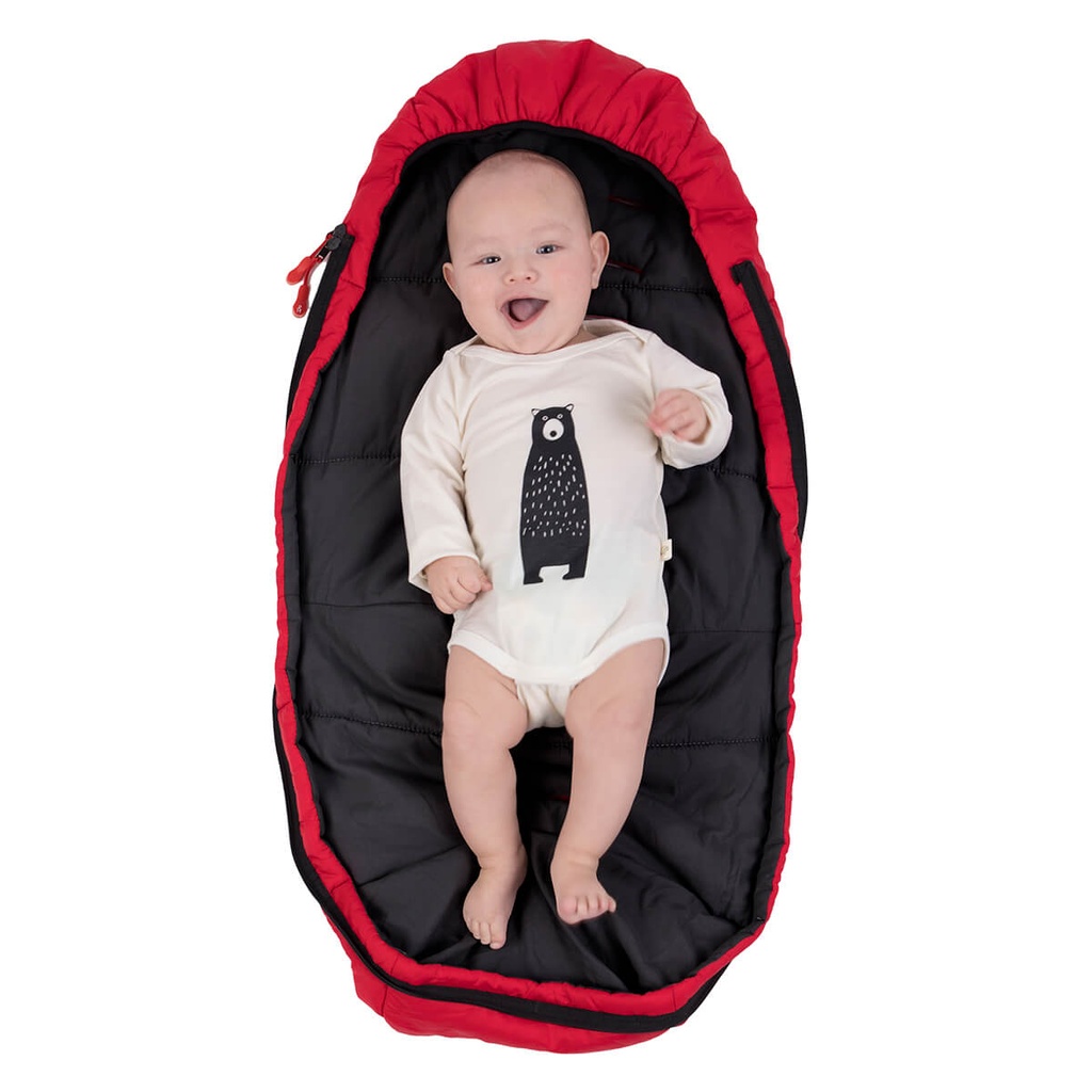 phil&teds snuggle & snooze sleeping bag liner with baby in red top view