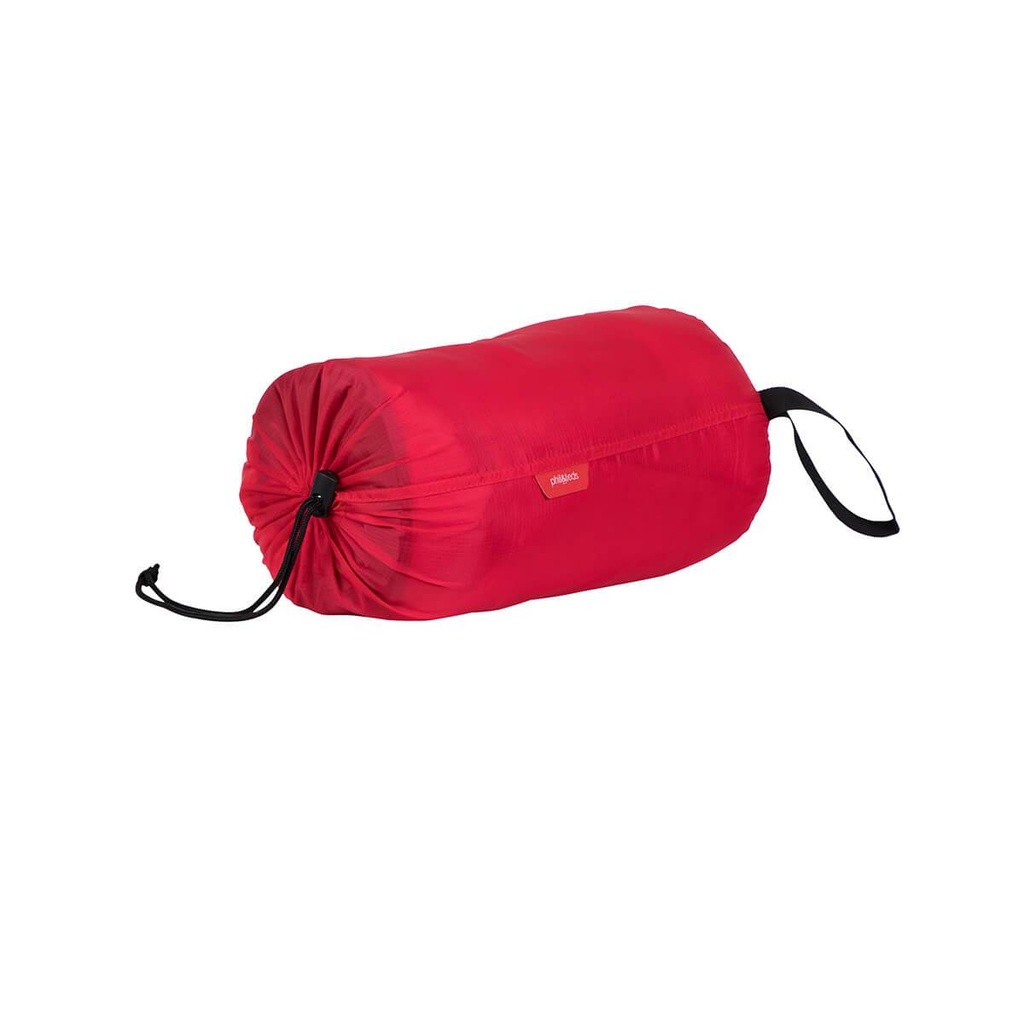phil&teds snuggle & snooze sleeping bag in red compactly packed 3/4 view