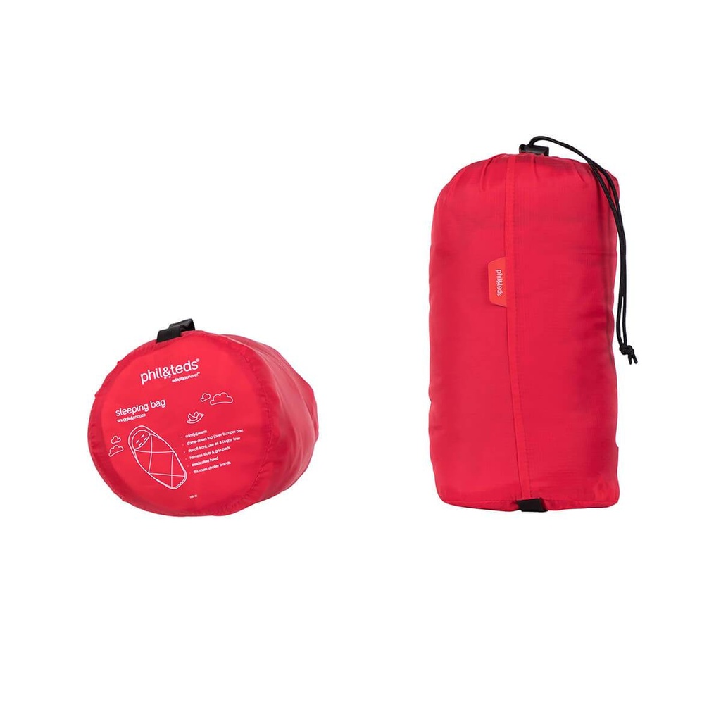 phil&teds snuggle & snooze sleeping bag in red compactly packed front view